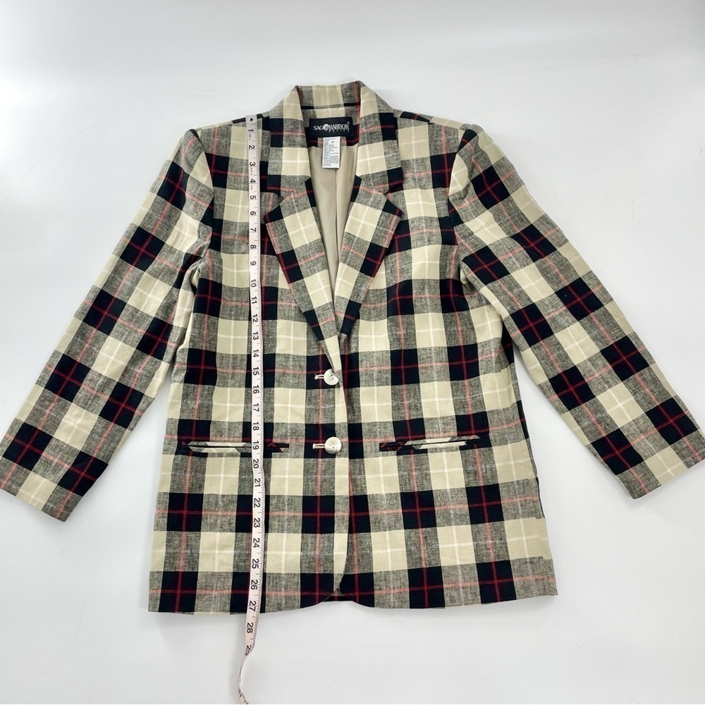 SAG HARBOR plaid‎ vintage Linen Neutral Check Plaid Retro Long Line Blazer 6P - Picture 11 of 11